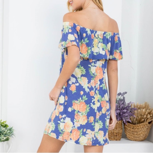 So cute! Tropical blue FLORAL PRINT OFF SHOULDER RUFFLE w/POCKET mini DRESS, NWT - Picture 4 of 15